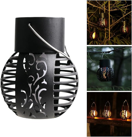 Solar Outdoor Lights Simulation Flame Chandelier Decorative Hanging LED Round Ball Lights 2 Pack Solar Garden Lights Waterproof Solar Powered Ball Lights for Camping Yard Patio Fence Tree Decoration