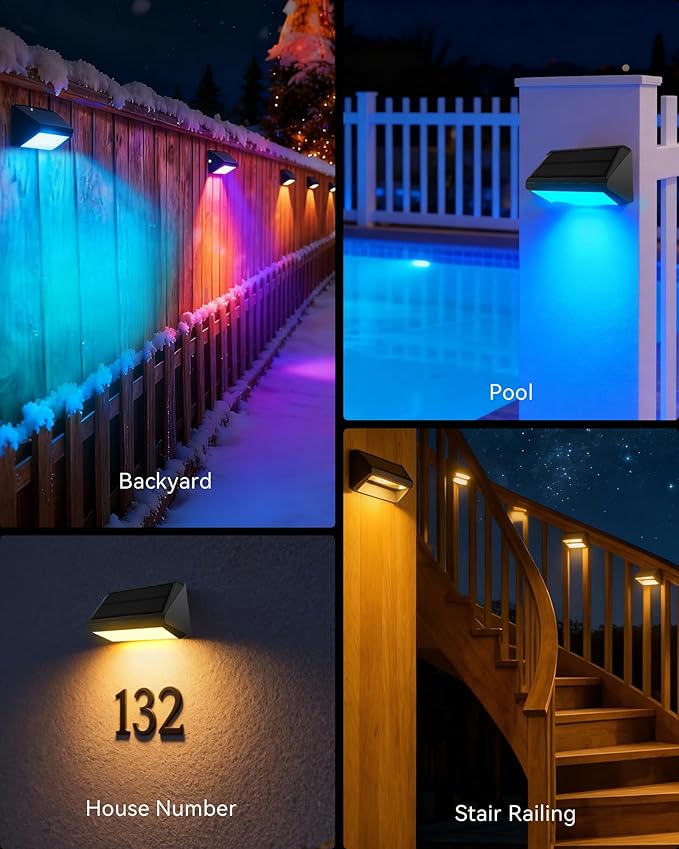 Solar Fence Lights Outdoor, 6 Pack Ultra-Bright 100 Lumens Fence Lights Solar Powered, IP65 Waterproof, 9 Color Modes, 12+ Hours Lighting Decor for Backyard/Patio/Deck/Wall/Pool
