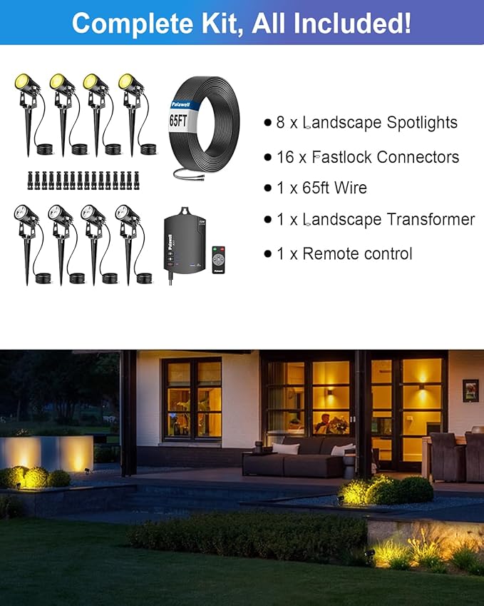 8-Pack Low Voltage Landscape Lighting Kit with WiFi 72W Transformer, 3W LED Spotlights with 65ft Cable, App and | Lumora