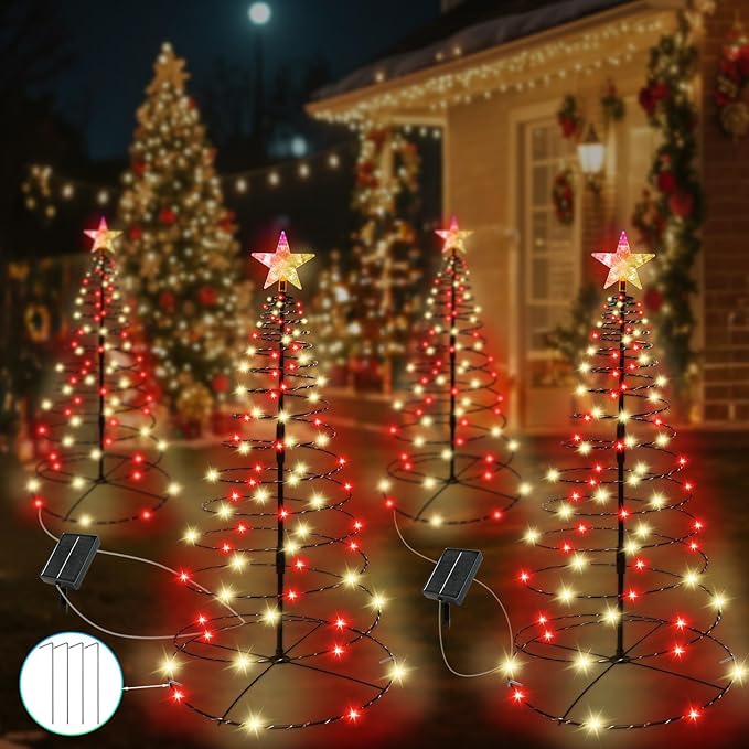 4 Pack Solar Spiral Christmas Tree Lights Outdoor, 32inch 270LEDs Christmas Pathway Light with 8 Modes, Auto On/Off, IP65 Waterproof, Timer & Memory Function for Yard Garden Christmas Decorations