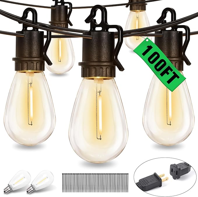 100FT Outdoor String Lights with 52 Shatterproof S14 Vintage Edison Bulbs E12 Sockets,2700K Dimmable Outdoor | Lumora