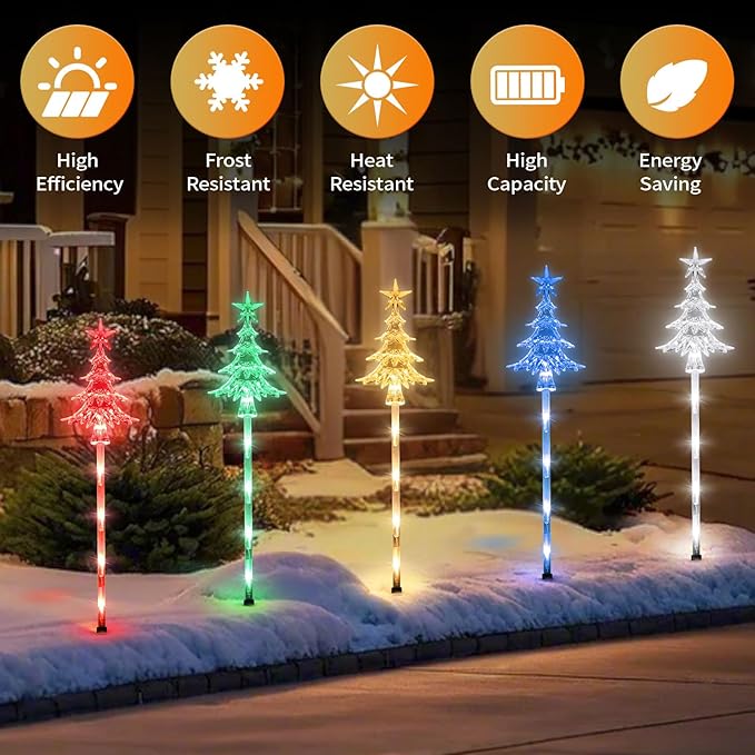 5 Pcs Acrylic Solar Pathway Stakes Lights Outdoor Waterproof, 8 Modes Christmas Decorations Outdoor Yard, Solar Christmas Garden Decor Lights (Xmas Tree Multicolor)