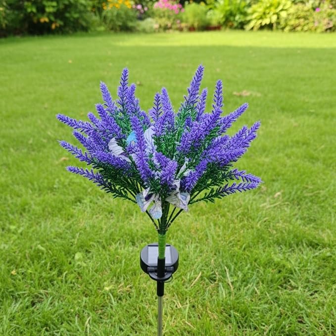 Solar Garden Decor Lights Outdoor, Lavender Butterfly Flower Stakes Light, 2 Pack Waterproof LED Flower Lights, for Garden Pathway Patio Backyard Landscape (Warm White)