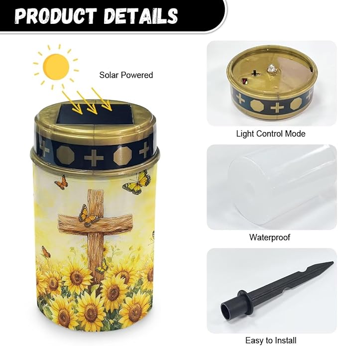 Cross Sunflower Print Solar Outdoor Lights Printed Garden Decor Solar Lights Cemetery Decorations for Grave Grave Decorations