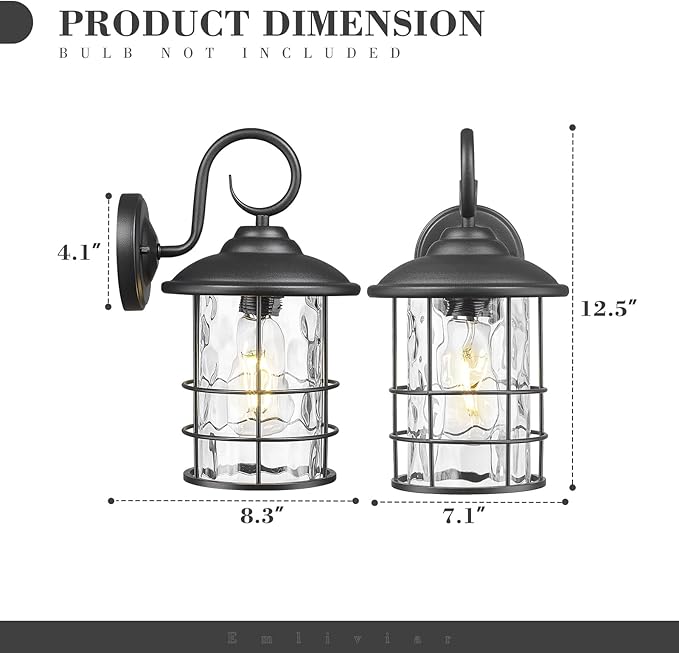 Emliviar 2 Pack Outdoor Black Wall Sconces with Water Ripple Glass, E26 Base, 12.5 Inch Front Door Vintage Wall Lighting for Entryway and Garden, 1803CW2-2PK-WG