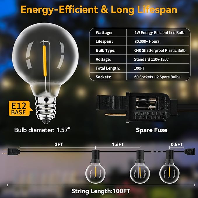 100ft Outdoor String Lights Waterproof/Connectable/Dimmable with 62 LED Shatterproof Bulbs UL Listed, G40 Globe | Lumora