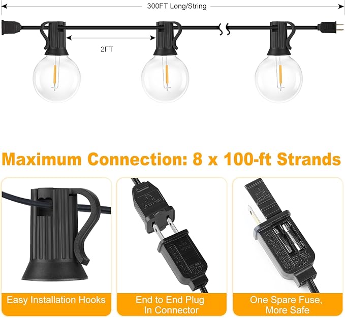 Bosceos 300ft (100ft*3) Outdoor G40 LED Globe String Lights Dimmable Waterproof Shatterproof Light Strings | Lumora