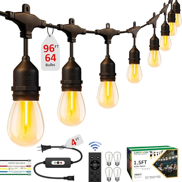 100FT LED Outdoor String Lights with 60+4 Waterproof Bulbs(1.5FT Bulbs Spacing), Remote & Dimmer, Commercial Grade | Lumora