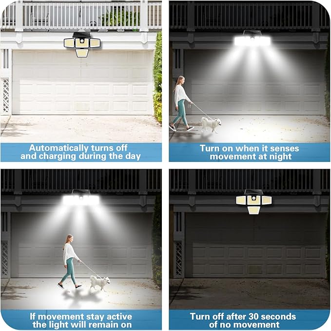 AmeriTop Solar Lights Outdoor, 2 Pack LED High Brightness Cordless Solar Motion Sensor Lights; 4 Adjustable Heads, 320ยฐ Wide Angle Illumination, IP65 Waterproof, Security LED Wall Light(Daylight)