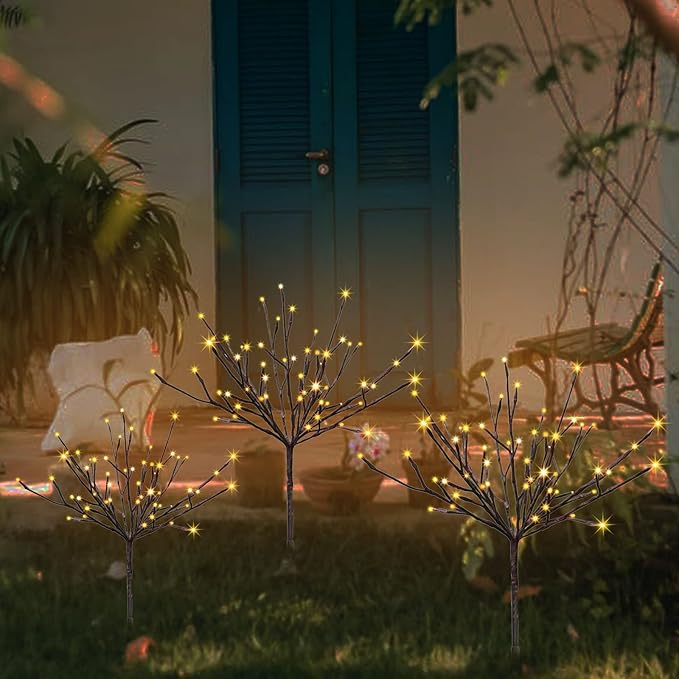 Solar Pathway Lights Outdoor,3 Pack LED Twig Garden Lights with Stakes for Walkway Driveway Yard Lighted Brown Branches 60 LED Decorative Lights 2 Lighting Modes
