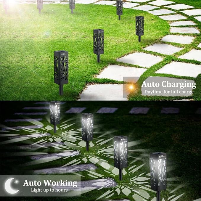 ele ELEOPTION Pack of 4 Warm White Color Solar Pathway Light Floor Lamps Waterproof Garden Walkway Patio Decor LED Landscape Lights Auto On/Off