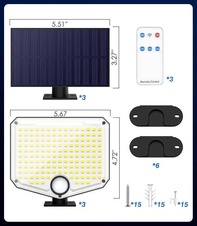 MoKo Motion Sensor Outdoor Lights - 222 LED Super Bright Solar Lights Outdoor with Remote Control & 16.4 Ft Cable 3000mah Waterproof Flood Lights Outdoor for Wall Patio Yard Garage Garden, 3 Pack