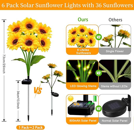 Solar Garden Lights Outdoor, 6 Pack Solar Sunflower Lights with 36 Head 3.4 Inch Flowers, Waterproof Flowers Light Fall Thanksgiving Decorations for Garden Yard Patio Backyard, Gifts for Mom Women