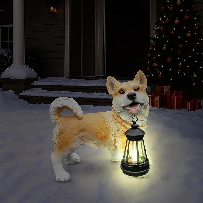 Outdoor Husky Dog Statue with Interchangeable Welcome Sign and Detachable Solar Lantern –LED Light Garden Dog Sculpture Décor, Cute Puppy Design for Yard, Porch, Gift