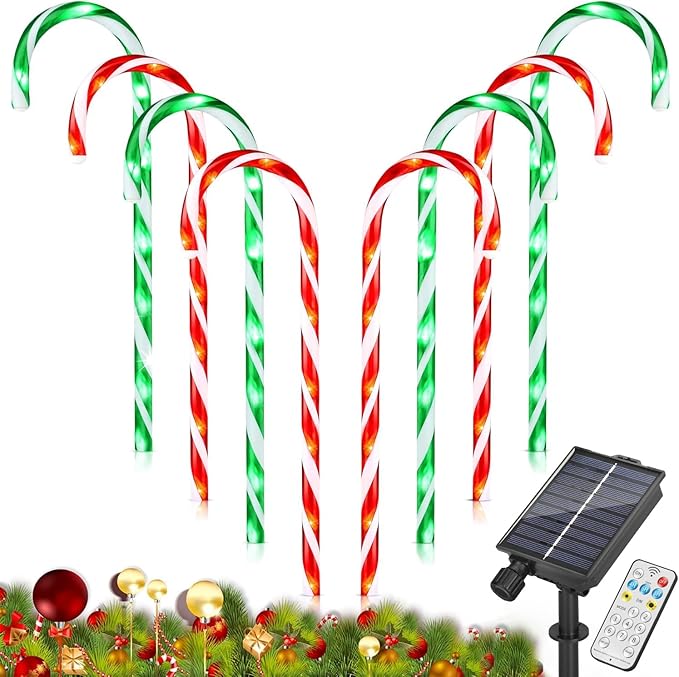 ZHAHA Solar Christmas Pathway Lights Outdoor Decorations, Solar Candy Cane Lights for Yard Patio Garden Walkway with 8 Light Mode, Remote, Timer, 48 LED, Upgraded Christmas Outdoor Decorations, 8 Pack