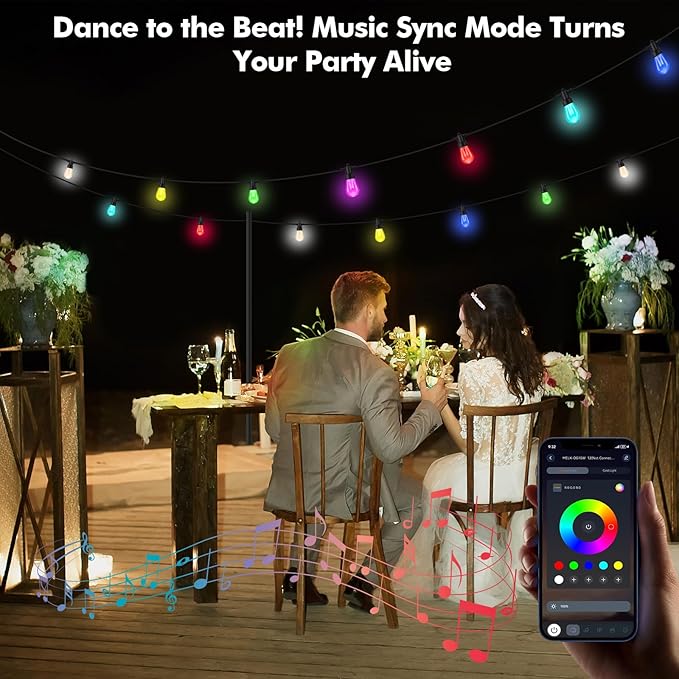 Outdoor String Lights Waterproof Patio Light 52FT 20 RGBW Dimmable LED Bulbs, Shatterproof Outside Hanging Color Changing Lights for Backyard Party Garden Porch Balcony (52FT)