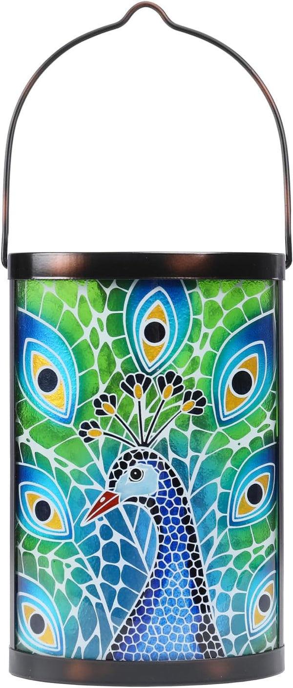Hanging Solar Lantern Outdoor Waterproof Peacock Solar Lights Glass Tabletop Decorative Lamp for Outdoor Patio | Lumora