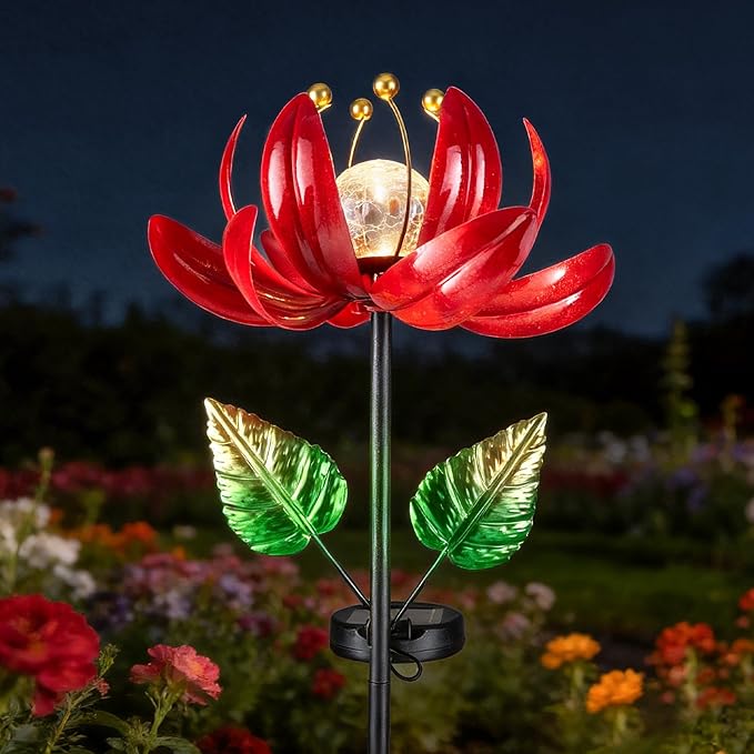 Solar Lights Outdoor Garden Decor, Solar Wind Spinner Yard Decorations Gifts for Outside, Lotus Windmill Pathway with LED Cracked Crystal Ball Waterproof Flower Sculpture for Patio Lawn