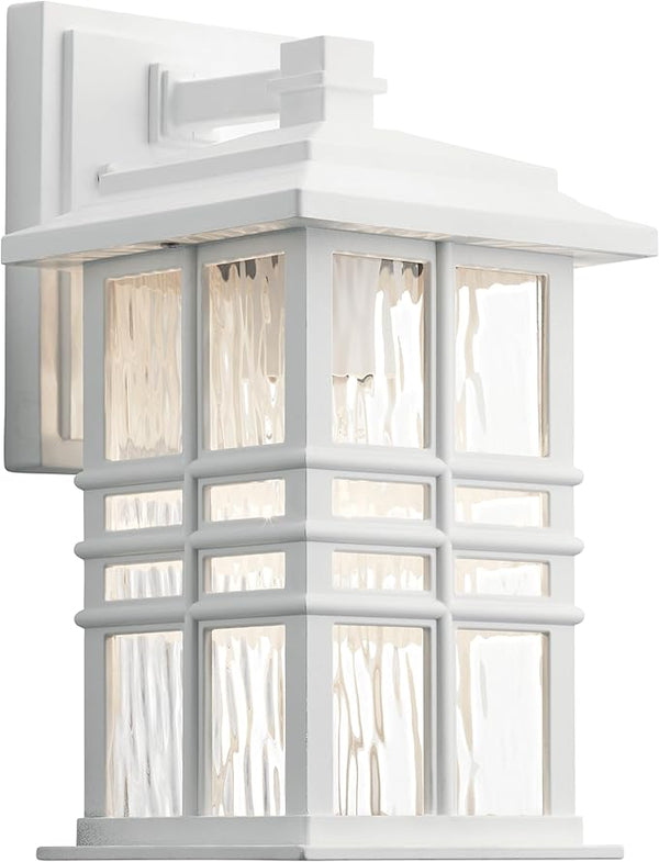 Kichler Beacon Square 12" Outdoor Wall Light in White, 1-Light Exterior Wall Sconce with Clear Hammered Glass, (12" | Lumora