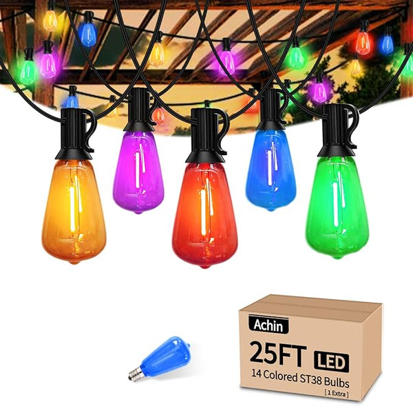 Achin Outdoor String Lights Multicolor - 25FT Colored Patio Lights Waterproof with 13+1 ST38 LED Colorful Bulbs | Lumora