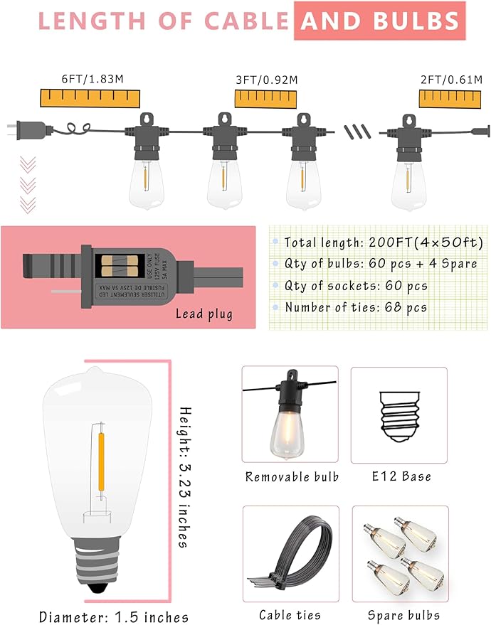 DAMAING String Lights for Outside 198FT,64 Vintage Bulbs LED Outdoor Edison Lights Waterproof,Shatterproof Connectable Patio Lights Outdoor,Dimmable Hanging String Lights for Backyard