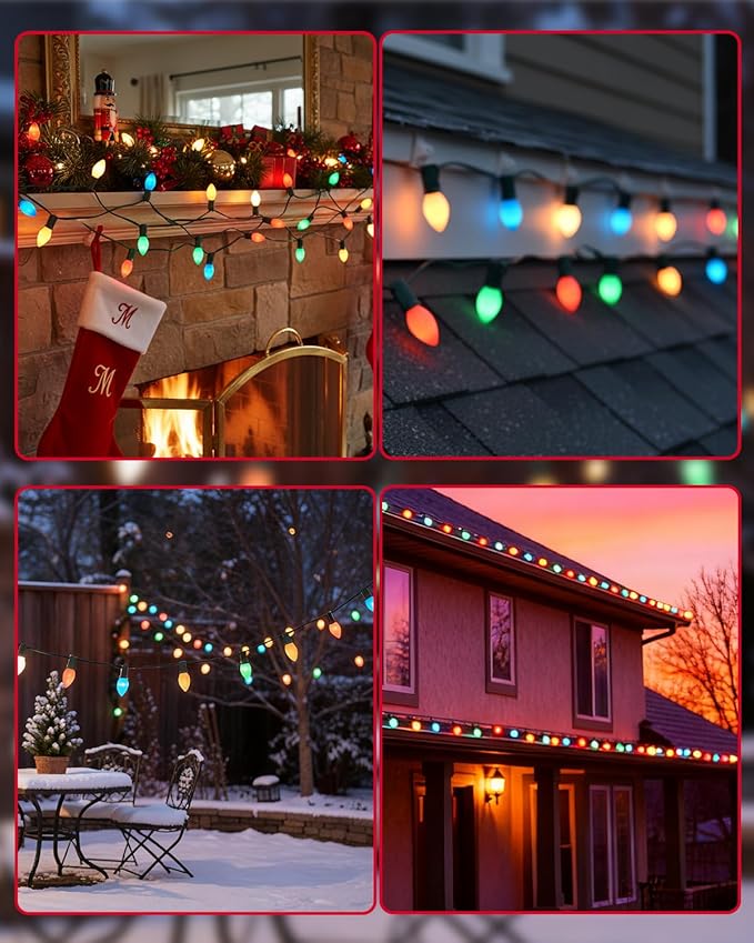SUNSGNE 25Ft Multicolor Christmas Lights Outdoor, C7 Vintage Christmas String Lights with 27 Multicolor Ceramic Bulbs(2 Spare) for Holidays, Christmas Prom Party Wedding- Green Wire