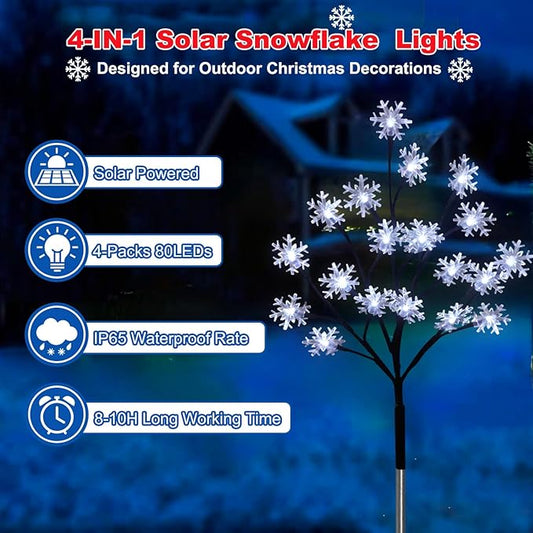 4-Pack 80LEDs Solar Christmas Snowflake Stake Lights, 8 Modes Solar Snowflake Christmas Decorations Outdoor Lights, Waterproof Outdoor Xmas Decorations for Garden Yard Pathway Walkway