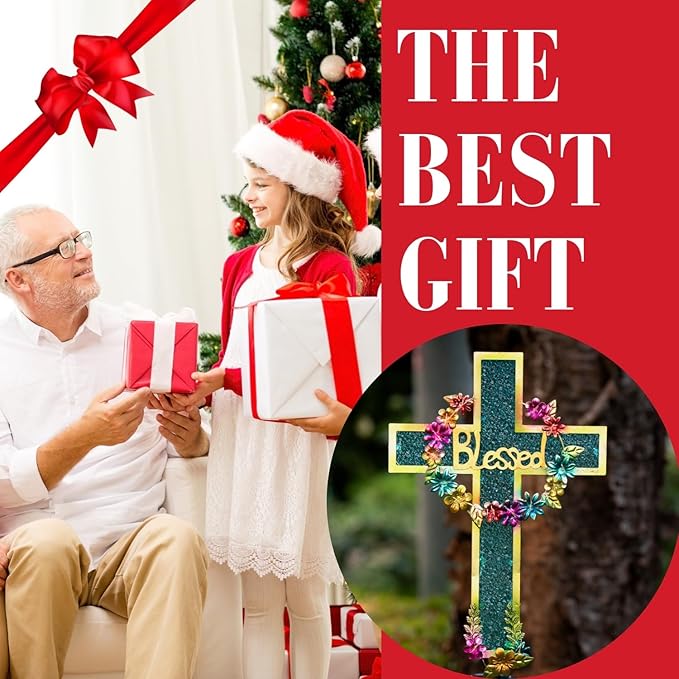 Solar Cross Stake for Cemetery Grave, Memorial Grave Decoration with Flowers and LED Light, Outdoor Solar Cross for Lawn Garden Pathway Decor (Blue)