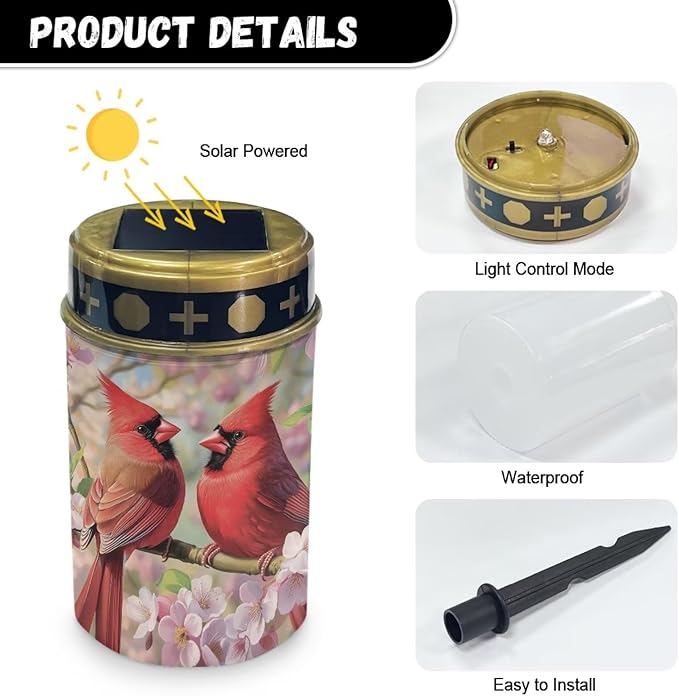 Cardinal Bird Solar Lights for Outside Garden Peach Blossom Flameless Solar Powered Light Garden, Lawn,Patio,Yard Decoration