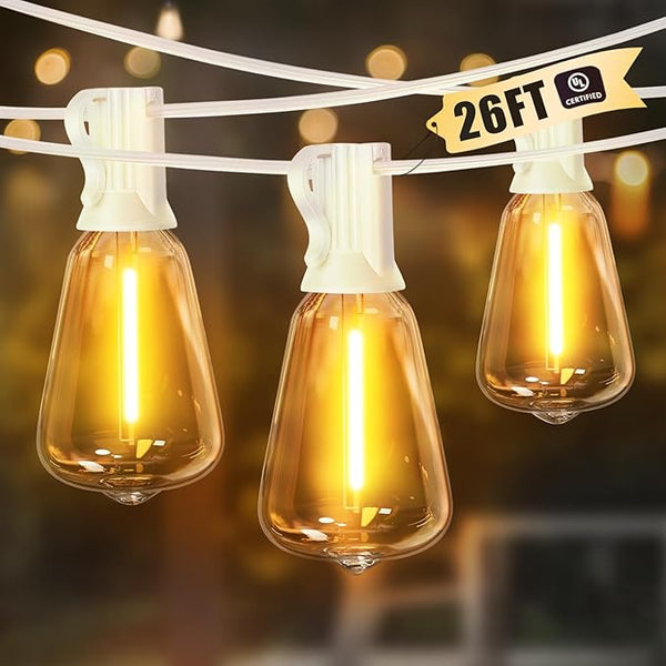 LAMPHOME Outdoor String Lights, 26FT Patio Lights with 12+1 ST38 LED Edison Bulbs (1 Spare), Connectable String | Lumora