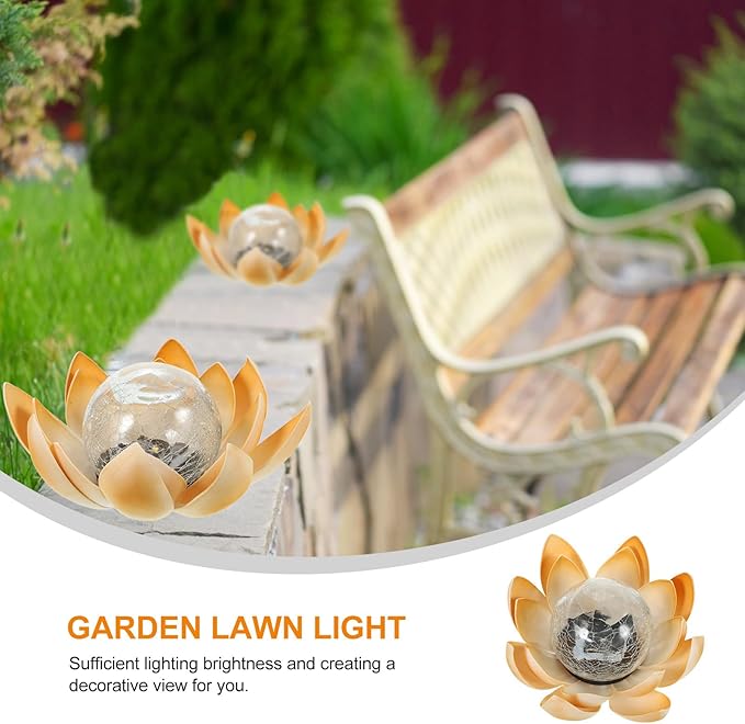 Solar Powered LED Lotus Flower Crackle Glass Ground Lamp, Waterproof Outdoor Garden Path Light for Lawn and Patio, Yellow Decorative Solar Yard Lighting