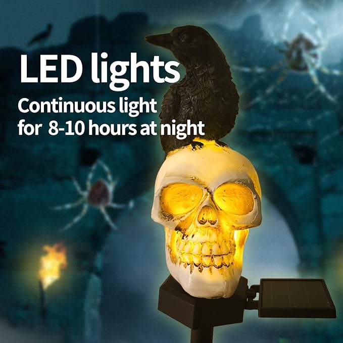QH & Garden Halloween Outdoor Decoration Solar Lights, Waterproof Ghost Lights, Skull Solar Garden Statue with Black Crow on Skull, Skeleton Stakes with LED, Stunning Halloween Decorations