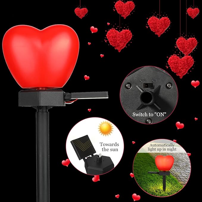 Hortsun 4 Pack Valentine's Day Solar Stake Lights Red Heart Waterproof LED Lights for Patio Lawn Outdoor Pathway Walkway Landscape Garden Decoration