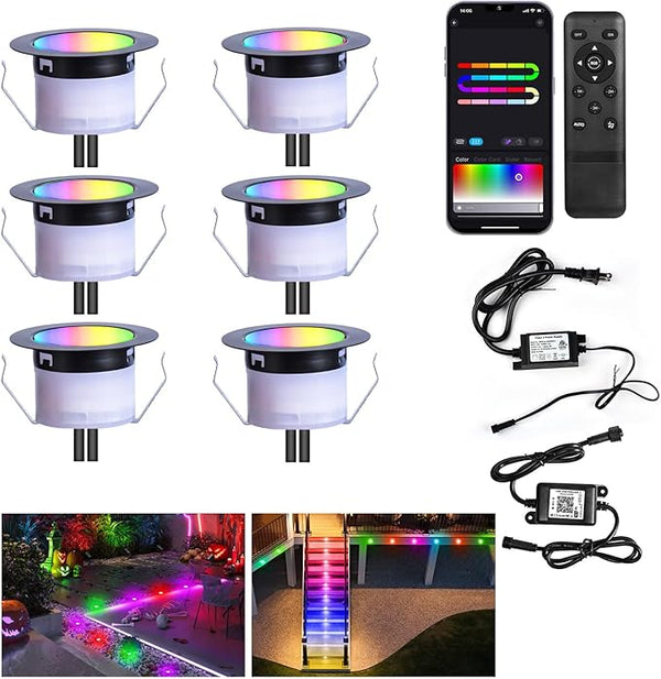 LED Deck Lights Kit, 6 Pack 1.77" RGBW+IC Multicolor Dynamic Low Voltage Recessed Landscape Lights, IP67 Waterproof | Lumora