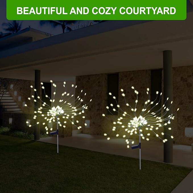 4 Pcs Solar Garden Light Outdoor,175 LED Solar Firework Lights for Yard, 2 Modes IP67 Waterproof Copper Wire DIY Decorative Light, Starburst Lights for Party Patio(Warm White)