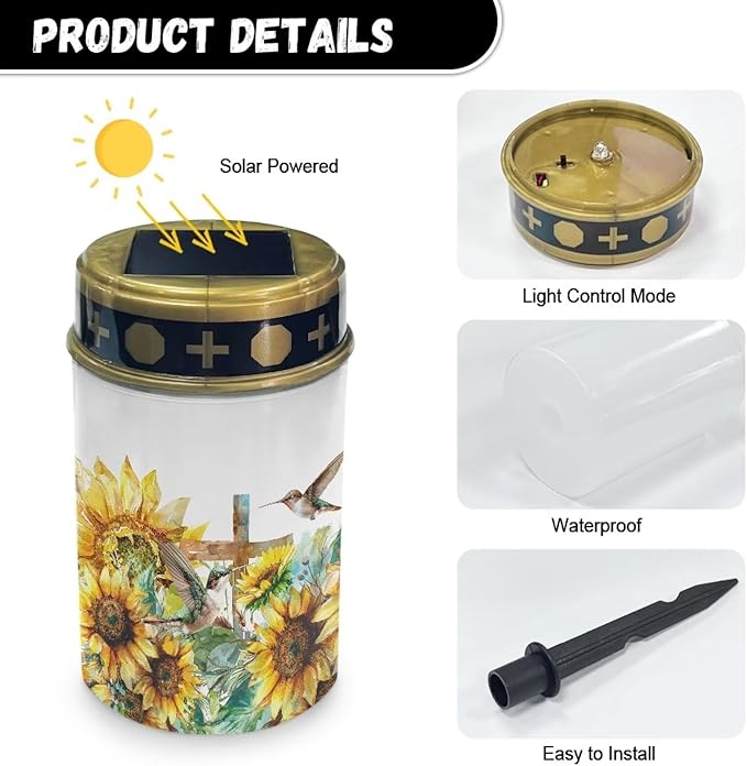 Garden Solar Outdoor Lights Sunflower Cross Bird Eternal Light Lawn Lamp Waterproof Solar for Outside Cemetery Garden Decorations Yard Lawn Pathway Figurines