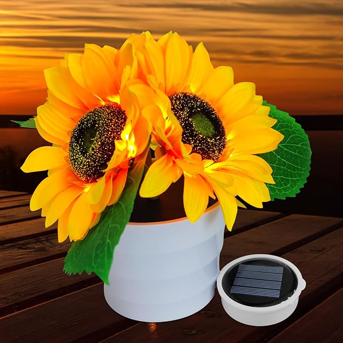 Solar Sunflower Bonsai Lamp, LED Artificial Flower Lamp Sunflower Solar Lights Outdoor Waterproof, Flower with Vase Garden Decor Table Light for Back Yard Decorations