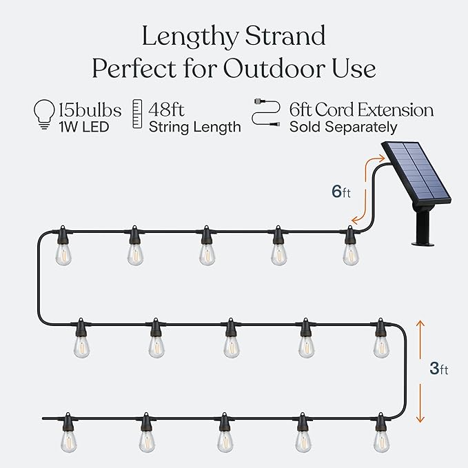 Brightech Bundle: Ambience Pro - Waterproof LED Outdoor String Lights - Hanging, Dimmable 1W Edison Bulbs, Soft White - 48 Ft + 6 Ft Extension Cord