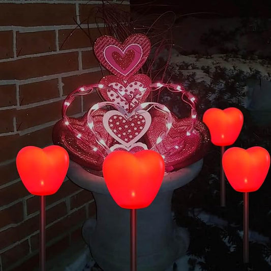 Set of 6 Solar Red Heart Stake Lights for Valentines Day Decor, Outdoor Waterproof Heart Shaped Light for Garden Pathway Flowerbed Cemetery Grave Porch Walkway Valentine's Theme Decorations