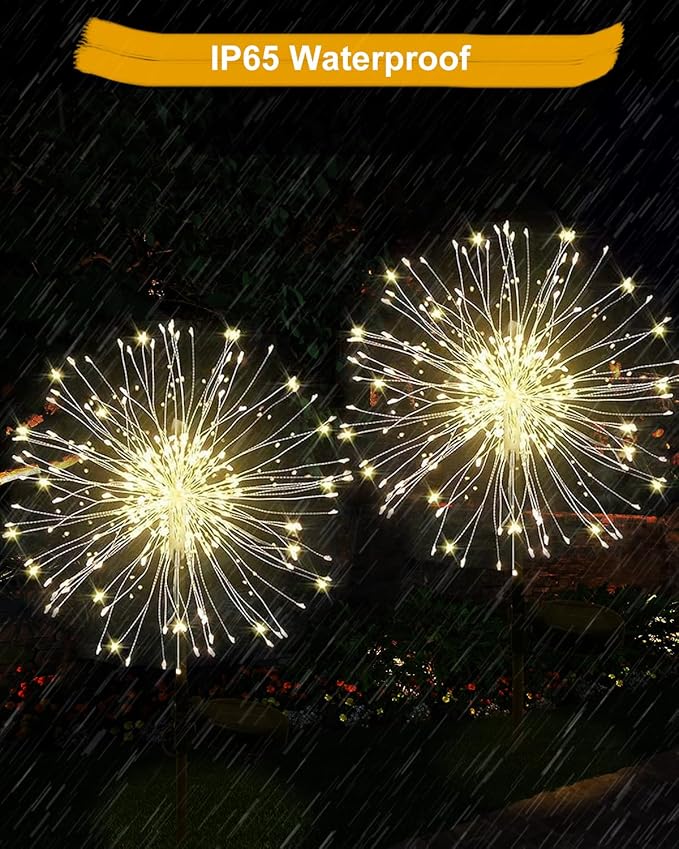 Solar Firework Lights Outdoor Waterproof 2Pcs 200 LED with 8 Modes DIY Stake Landscape Light for Outside Garden Yard Pathway Party Decor Christmas Decoration Solar Starburst Lights Warm White