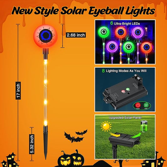 2025 Upgraded 12 Pack Halloween Solar Eyeball Lights Outdoor Decorations: 8 Modes Multicolor Waterproof Halloween Pathway Lights, Orange Purple Green Colorful LED Scary Light for Garden, Yard Decor