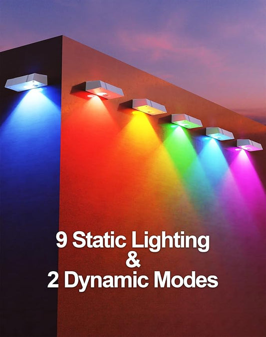 Solar Fence Lights 10 Pack, Fence Light Solar Powered Waterproof IP65 Multicolor Led 9 Fixed Colors &RGB Color Changing, Solar Lights Outdoor for Deck, Patio, Porch, Stairs, Holiday (White)