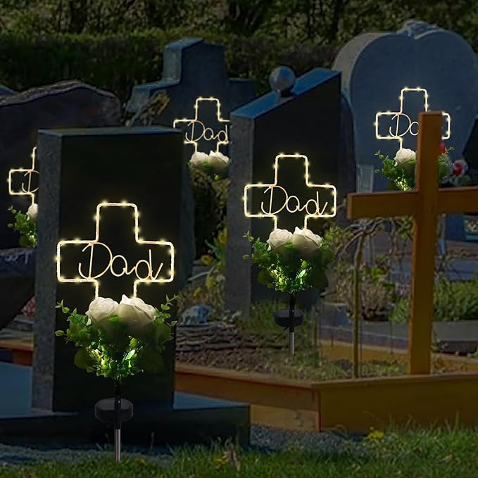 Lmtocs New Version Solar Cross Light for Cemetery Dad, 2 Modes with Rose Flower for Dad Grave Decorations, Waterproof Outdoor Light for Christmas Father Day Memorial Day Grave Decor