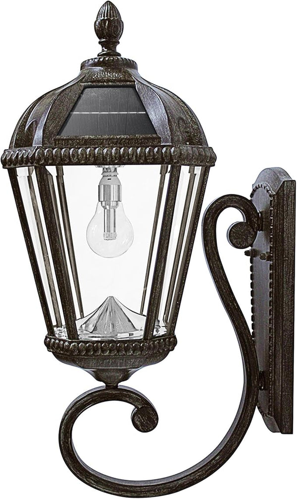 Gama Sonic Solar Outdoor Wall Light, Royal Bulb Exterior Sconce Lamp, Weathered Bronze Finish Aluminum, Rain Water | Lumora
