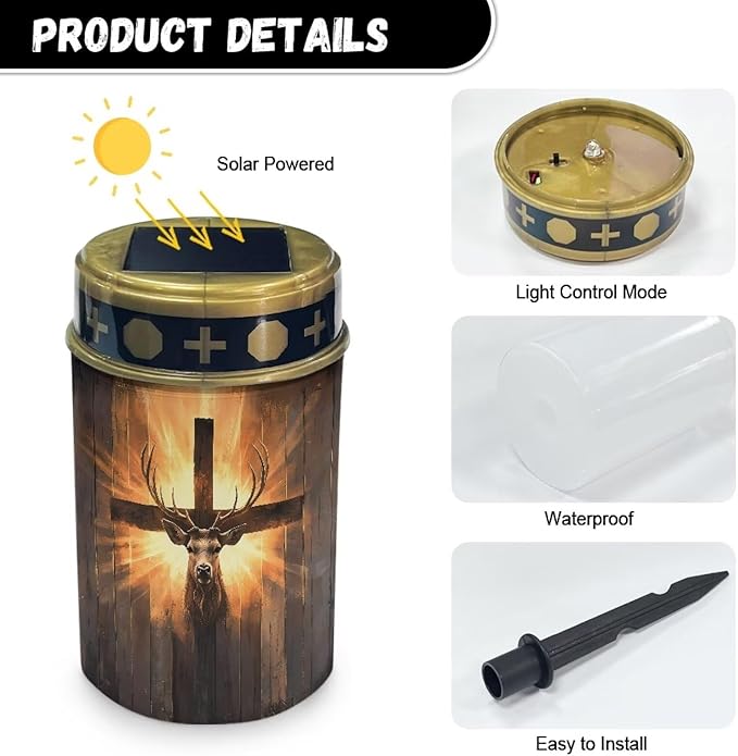 Poceacles 2 PCS Cross Outdoor Solar Lights Solar Garden Lights Cemetery Solar Lights Water Resistant Pillar Candle Solar Garden Stake Lights for Cemetery Grave Decorations, Deer Cross Wood Grain