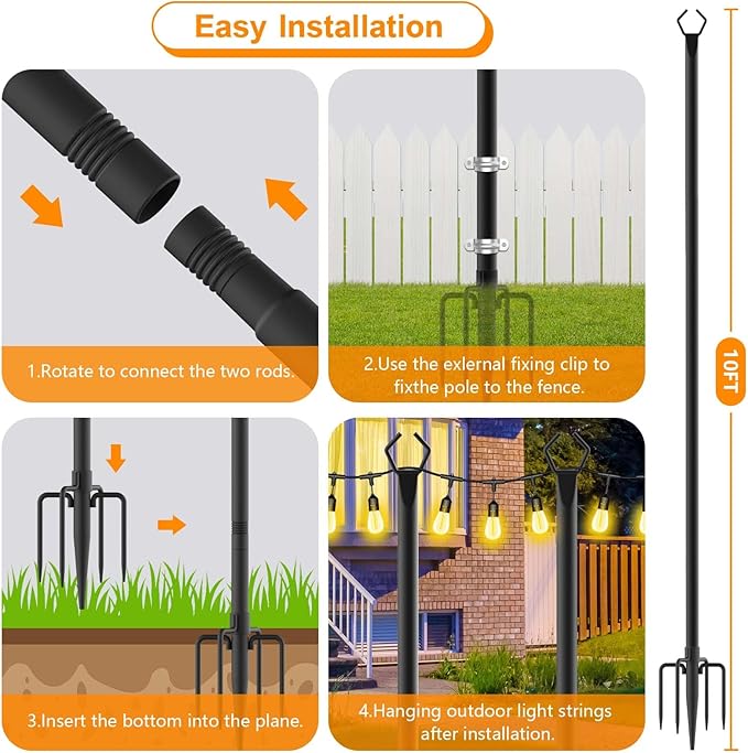 LETIANPAI 4 Pack String Light Poles,10 Ft Metal Poles with Fork for Outdoor String Lights,Outdoor Light Poles with | Lumora