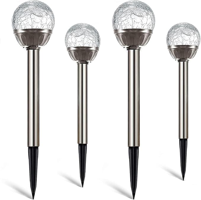 Solar Outdoor Lights, 4Pack Glass Cracked Ball LED Solar Garden Decorative Globe Light,Solar Stake Garden Lamp,Waterproof Solar Pathway Light for Patio Yard Lawn Decor (White)