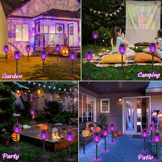 12Pack Halloween Yard Decorations, Purple Solar Halloween Lights for Outside Decor, LED Solar Flame Lights Outdoor for Yard Decorations, Waterproof Luces Solares Outdoor Decor for Patio Garden Pathway