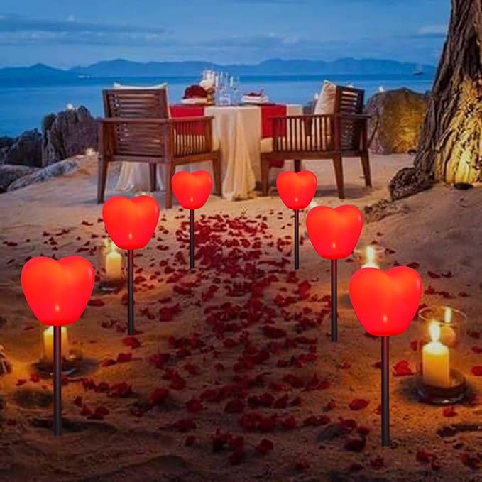 Set of 6 Solar Red Heart Stake Lights for Valentines Day Decor, Outdoor Waterproof Heart Shaped Light for Garden Pathway Flowerbed Cemetery Grave Porch Walkway Valentine's Theme Decorations