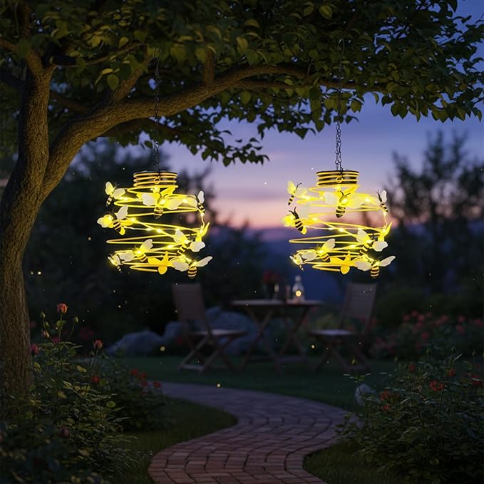 2 Pack Bee Solar Lights Outdoor Garden Decor,Bee Decorations Hanging Solar Lantern,Hanging Garden Decor for Outside Patio Yard Porch Pathway,Outdoor Gifts for Women
